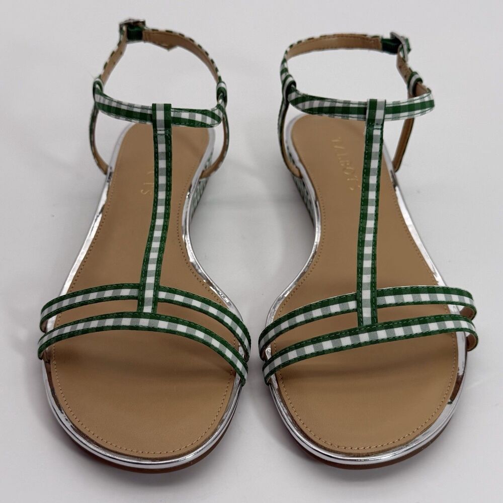 Talbots Womens 7 Green Gingham Minimalist Strappy Sandals Flat Ankle‎ Strap NIB